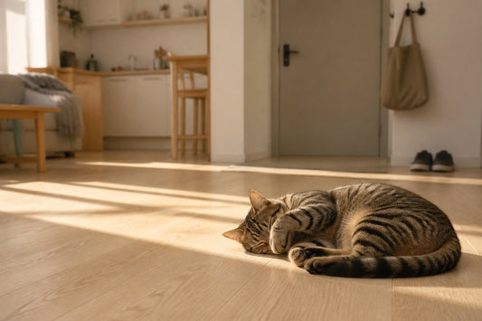 A cat asleep in afternoon sun in an empty apartment