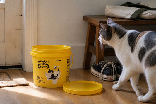 CATPAK yellow cat litter tub with its lid beside it as a cat walks through a sunlit entryway