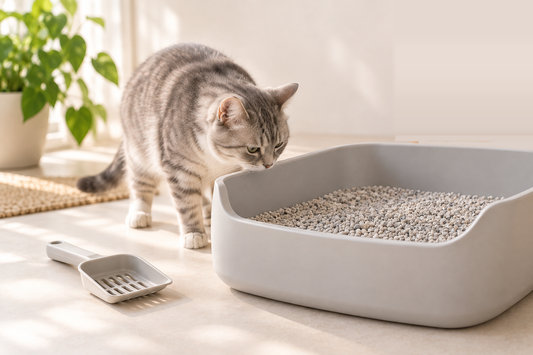 A calm cat sniffing the edge of a litter box filled with plain grey mineral litter
