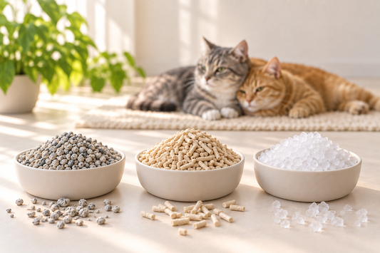 Three dishes of cat litter side by side: clay granules, tofu pellets and silica gel crystals