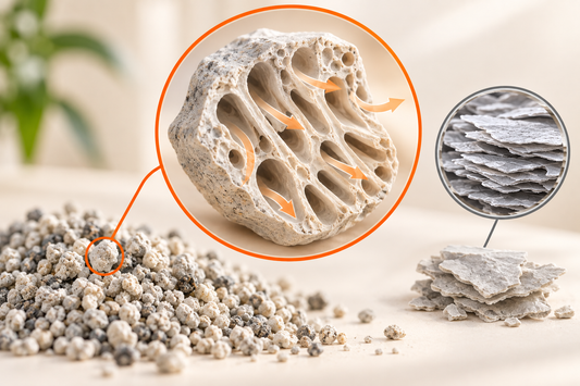 Conceptual illustration of a magnified mineral fragment with internal channels beside a stack of thin mineral sheets, above ordinary litter granules.