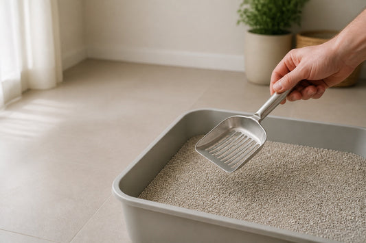 A hand holding a litter scoop above a litter tray
