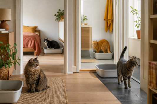 Four cats in a calm home with litter boxes placed in separate quiet areas