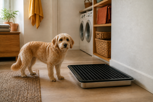 Dog beside an indoor potty area in a warm, tidy home