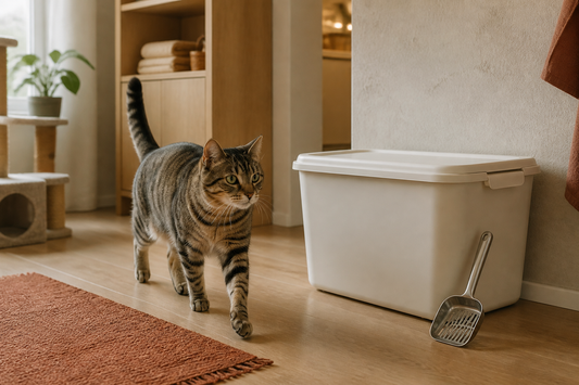 Tabby cat walking beside a plain reusable cat litter tub in a warm home