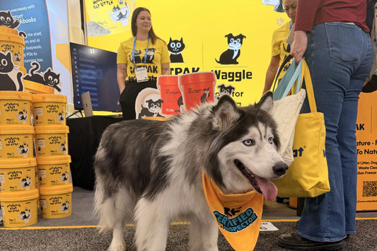 A husky wearing a Certified Inspector bandana at the CATPAK and Waggle booth at SUPERZOO 2026