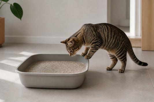 A cat pausing at the edge of a litter tray