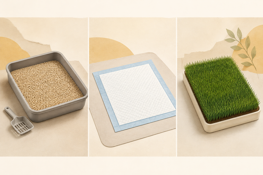 Illustration comparing a tray of dog litter, a disposable pee pad and a real-grass toilet