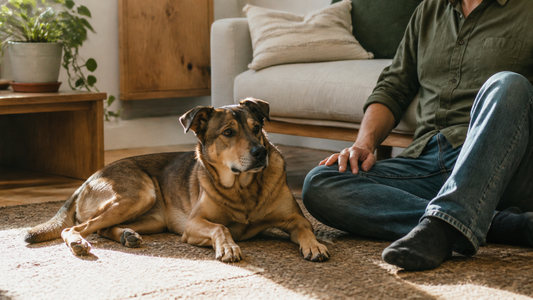 Dog resting beside their person in a warm, sunlit home