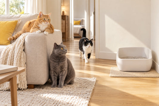Three cats in a bright living room, with a clean litter box on a mat in the corner