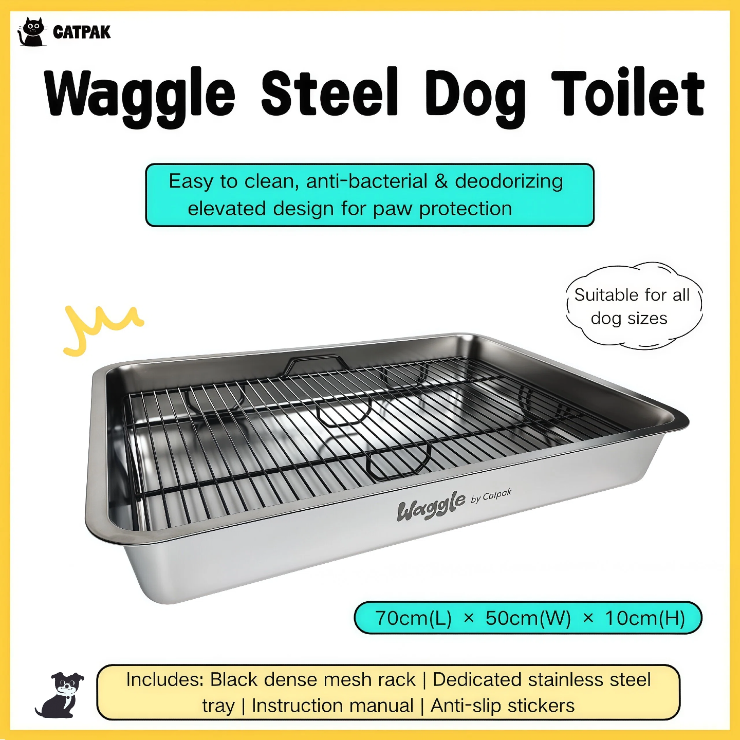 Waggle Steel Dog Toilet | Stainless steel base | Antibacterial and deodorizing     Waggle 專業狗廁所｜不鏽鋼底盤｜抗菌除臭｜快拆易洗｜結團一鏟就淨