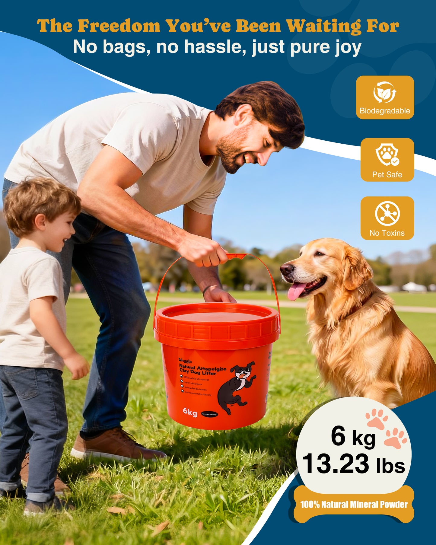 Waggle 100% Natural Mineral Attapulgite Dog Litter    [狗狗專用13磅] Waggle凹凸棒石狗砂-純天然礦物質 | 強效除臭| 抑菌低塵|環保減塑（除臭粉）
