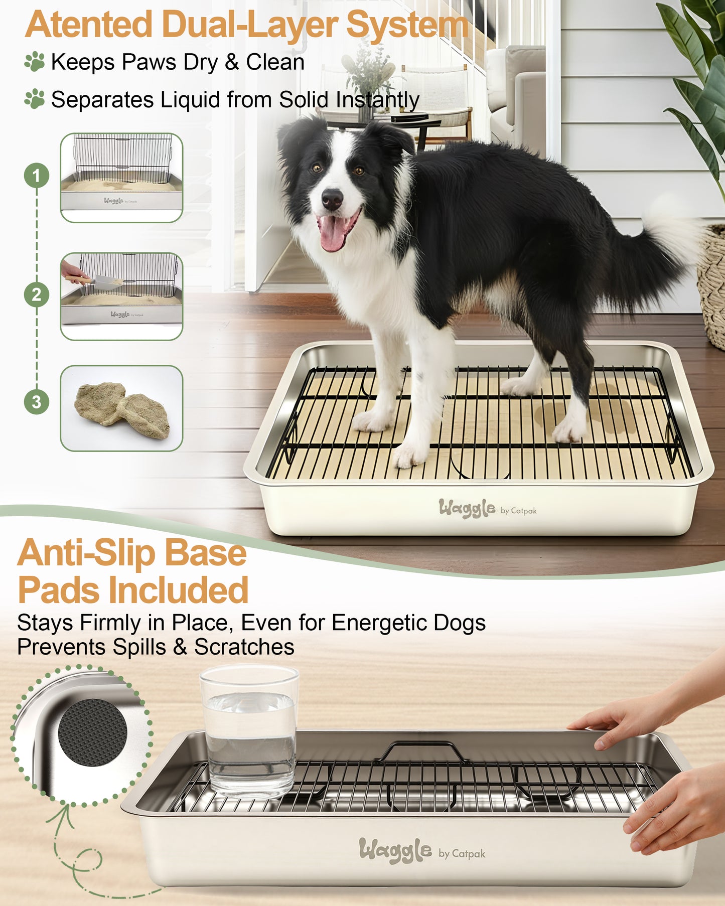 Waggle Steel Dog Toilet | Stainless steel base | Antibacterial and deodorizing     Waggle 專業狗廁所｜不鏽鋼底盤｜抗菌除臭｜快拆易洗｜結團一鏟就淨