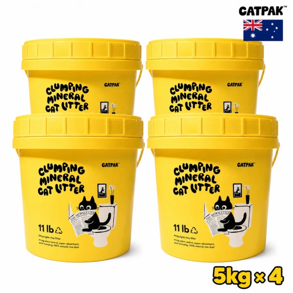 Four CATPAK 5kg clumping attapulgite mineral cat litter tubs, Australia pack