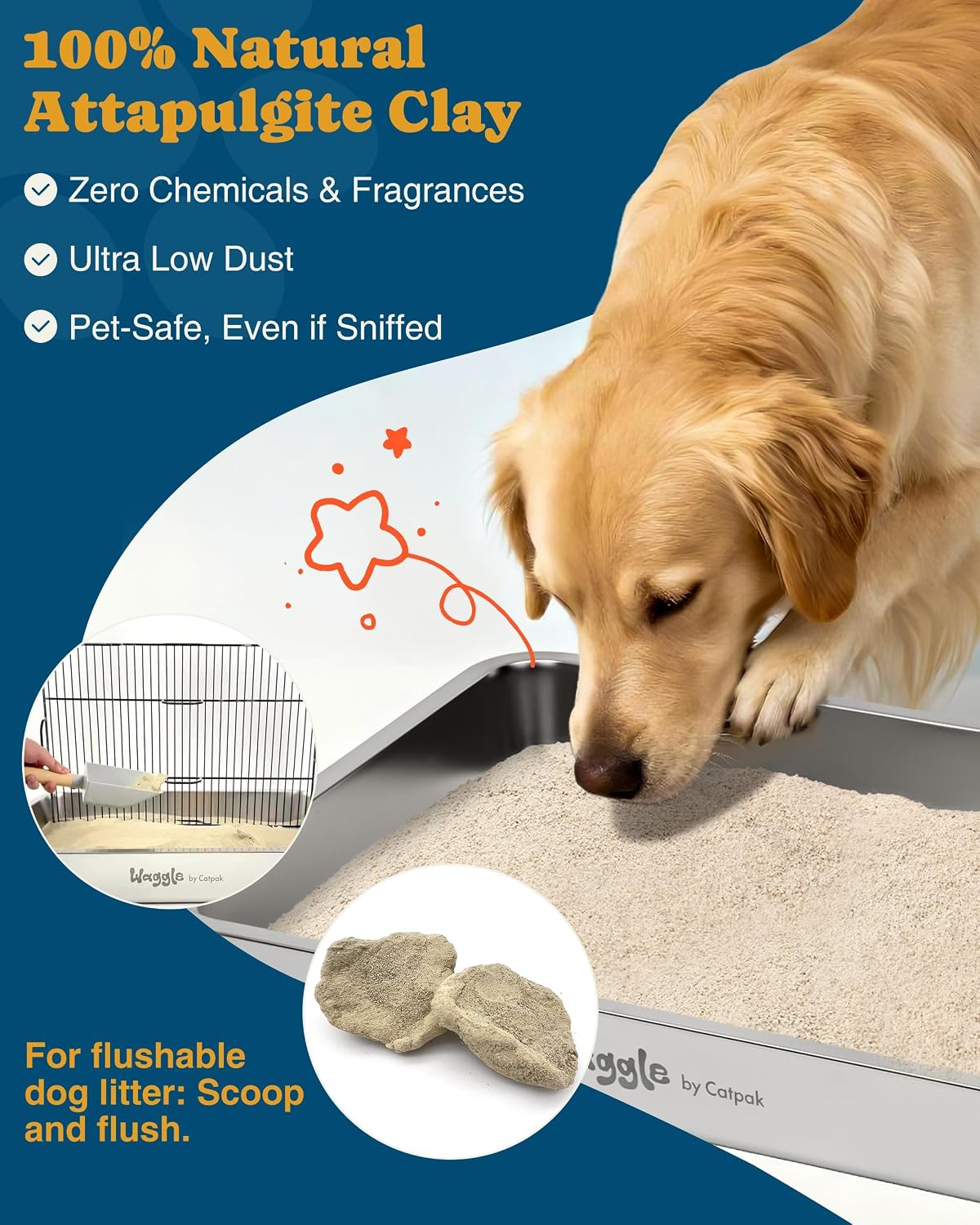Waggle natural attapulgite clay dog litter with a dog