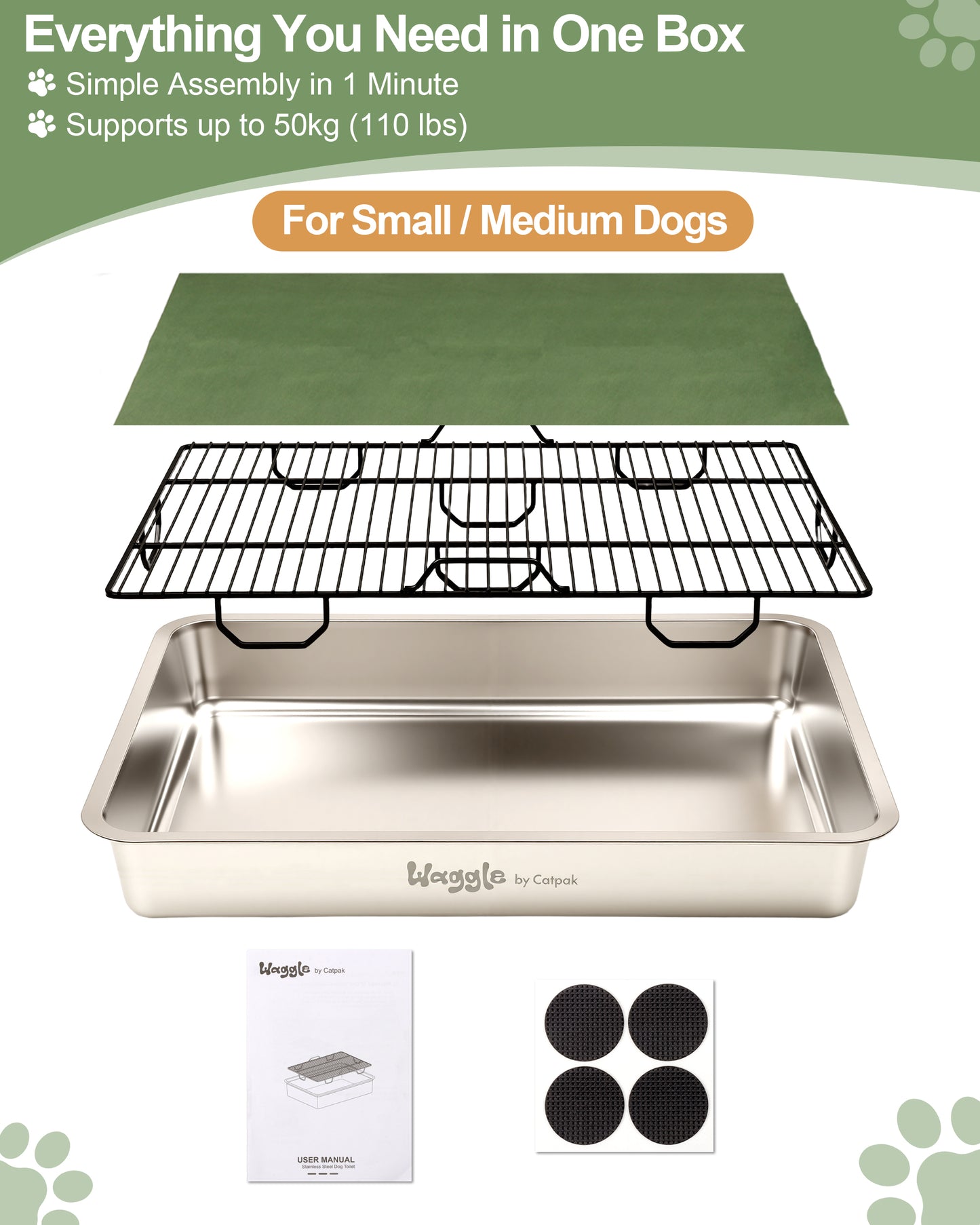 Waggle Steel Dog Toilet | Stainless steel base | Antibacterial and deodorizing     Waggle 專業狗廁所｜不鏽鋼底盤｜抗菌除臭｜快拆易洗｜結團一鏟就淨