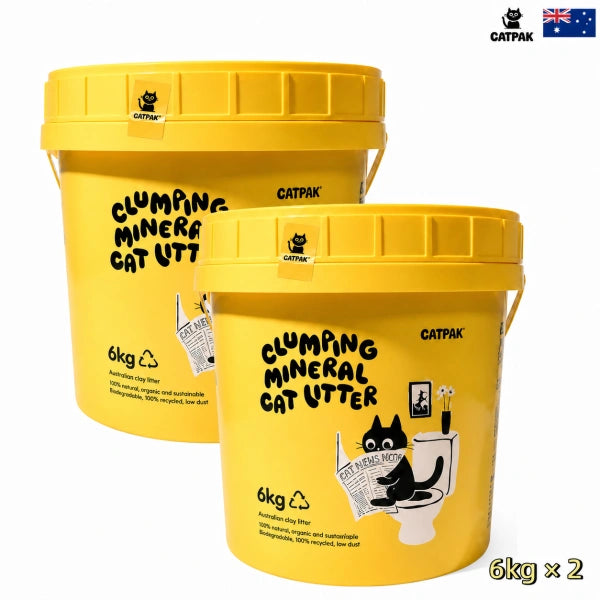 Two CATPAK 6kg clumping mineral cat litter tubs, Australia pack