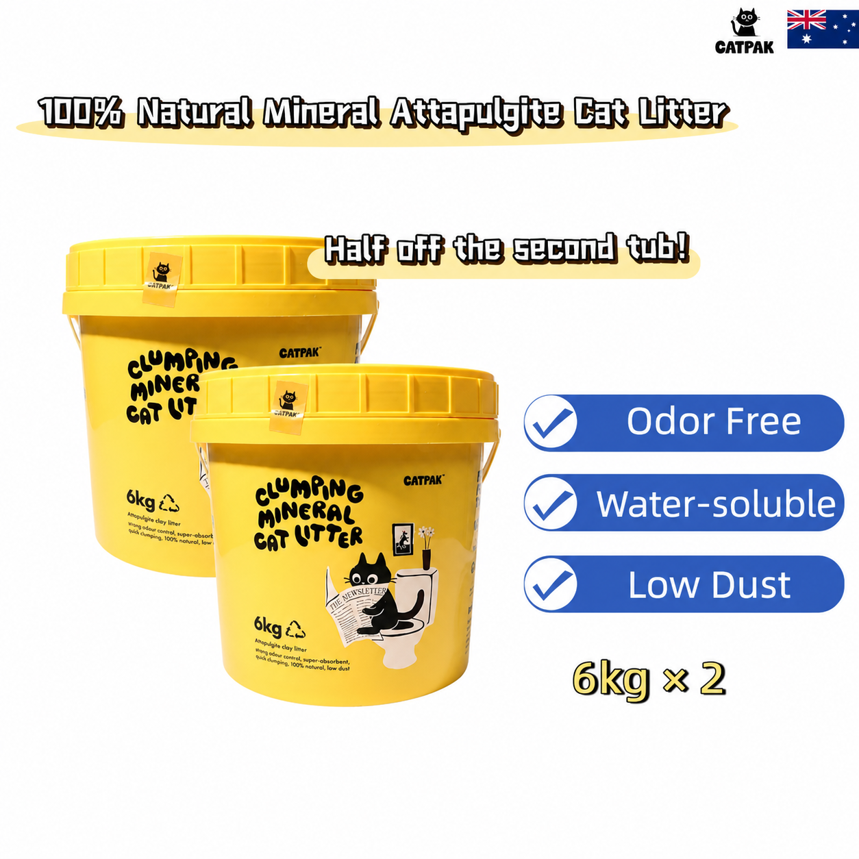 CATPAK 6kg attapulgite clumping cat litter — 2 tub pack