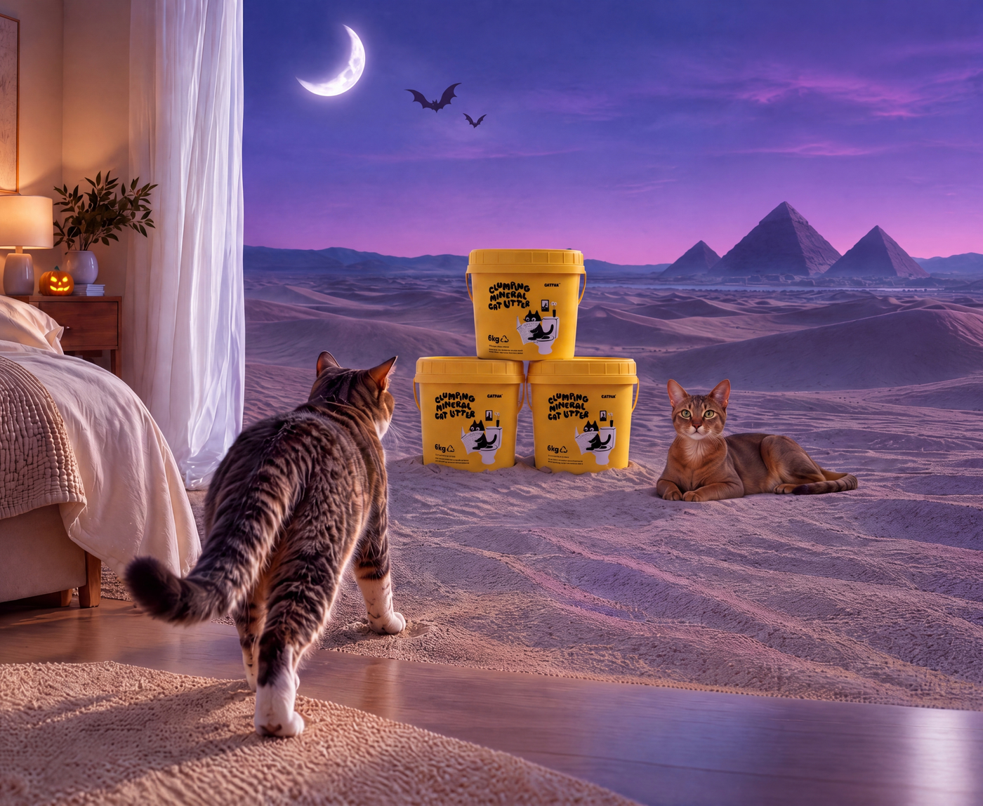 Halloween CATPAK scene: cats beside yellow litter tubs, with a purple night sky, moon and pyramids beyond a cosy room