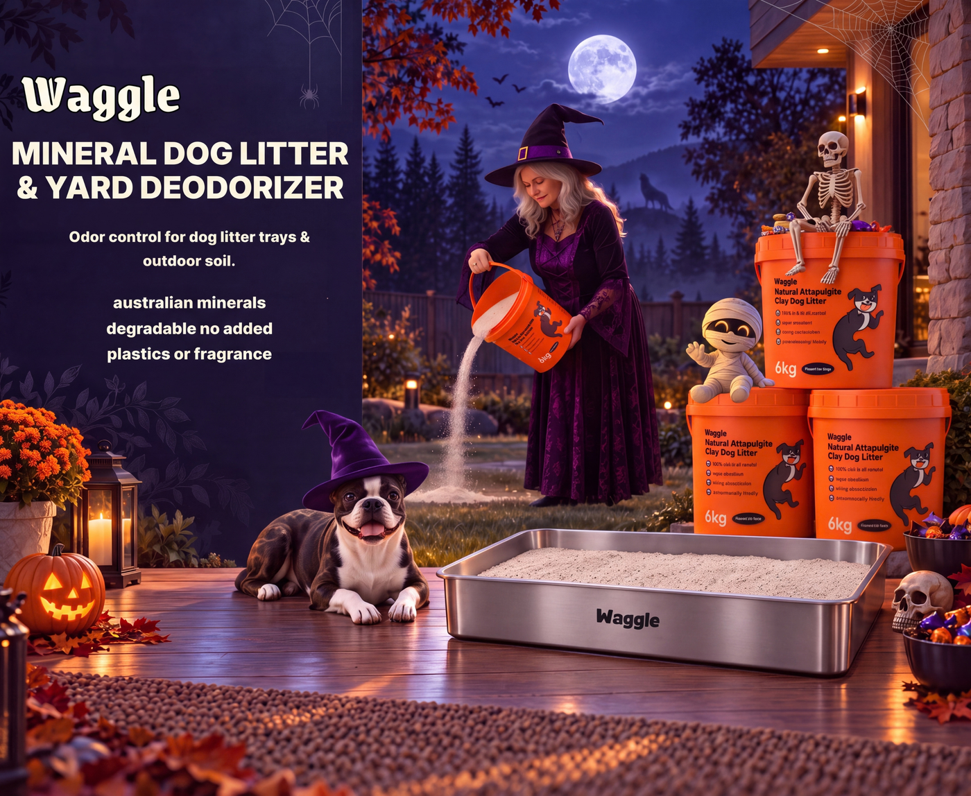 Halloween Waggle scene: a witch, a dog in a purple hat, pumpkins, little mummy and skeleton figures beside orange dog litter tubs