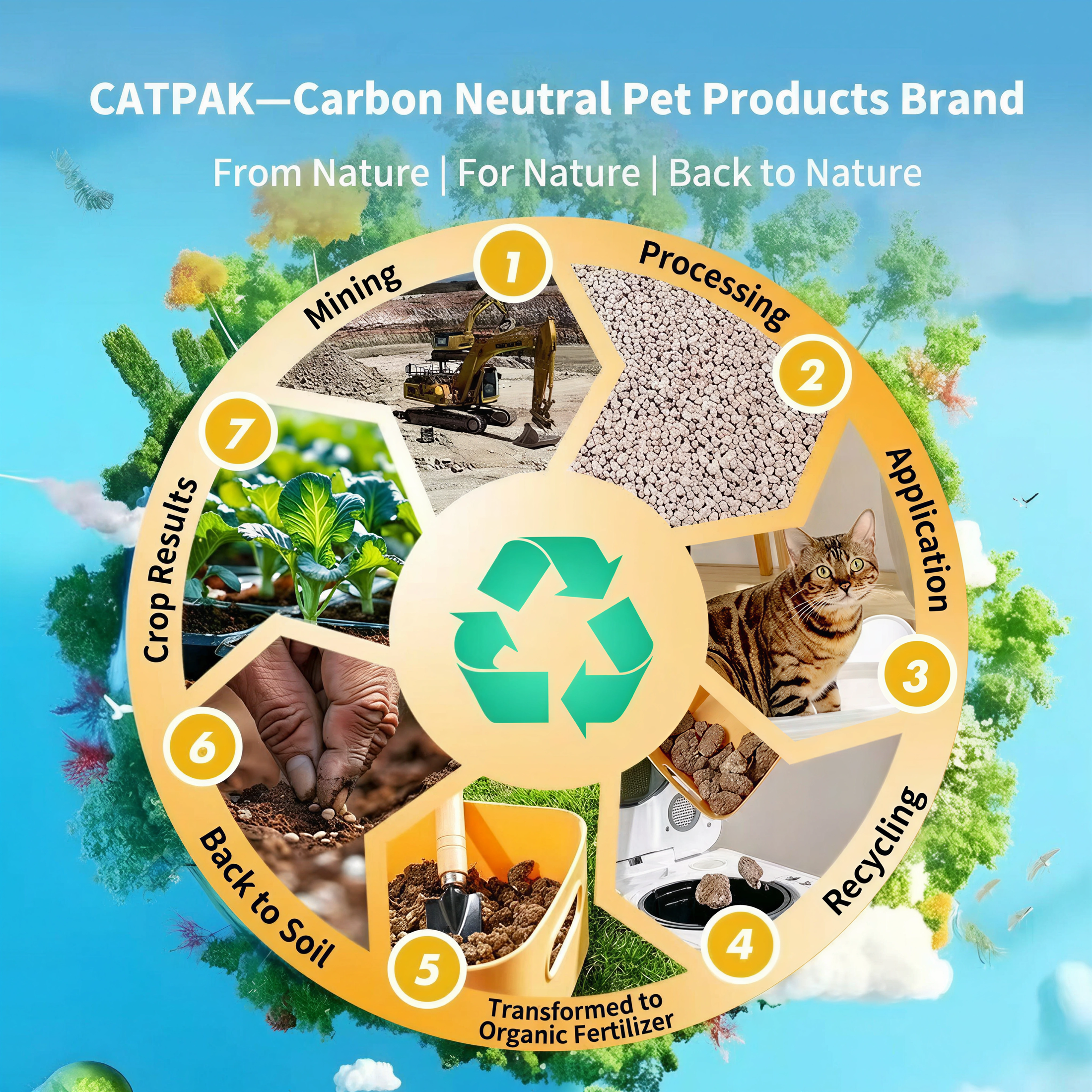 CATPAK 7-step closed-loop lifecycle diagram: mining, processing, application, recycling, transformed to organic fertilizer, back to soil, crop results